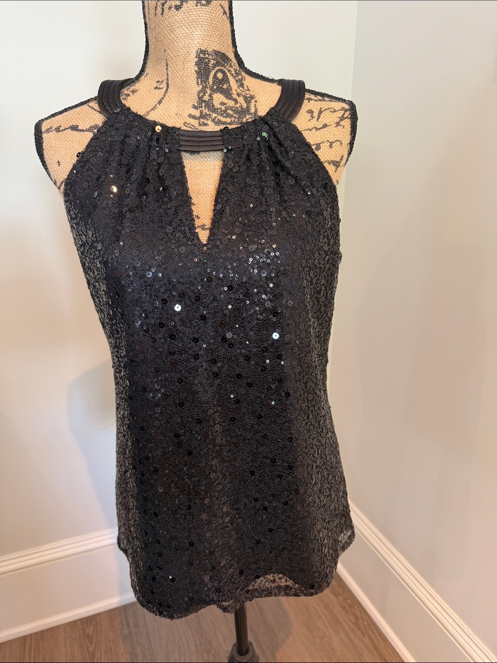 Tahari Black Sequin Halter Top